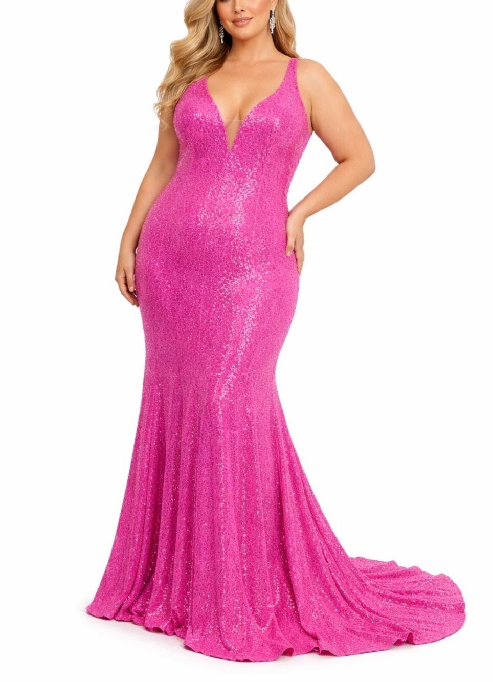 Jovani 22824 Fuchsia Pink Evening Gown Sequined Backless Mermaid Dress Size 18